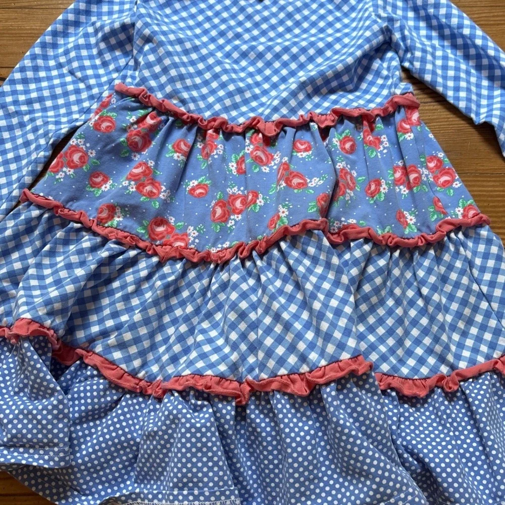Serendipity Dress Kids Blue Gingham Floral Tiered Ruffle Excellent SIZE M‎ 5-6